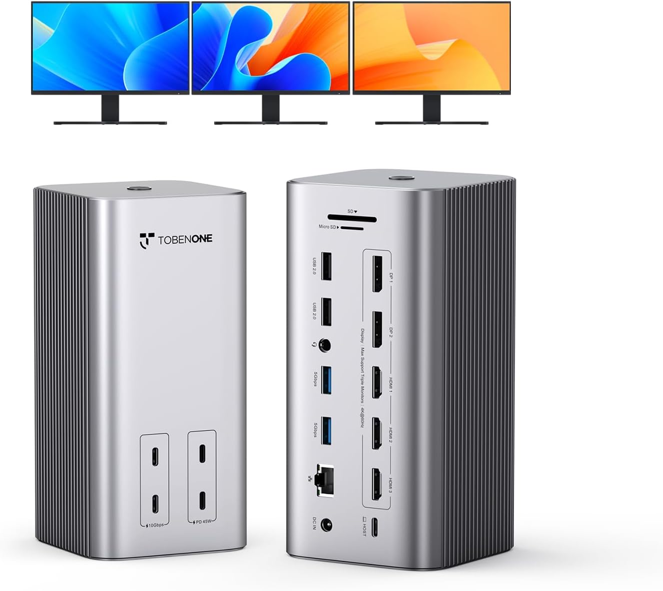 TobenONE 20-IN-1 Docking Station 3 Monitors for MacBook Neo, Triple 4K@60Hz Monitor Docking Station with 3 HDMI, 2 DP, 45W PD,150W Charger, 6 USB Ports, Driver-Based, for M1-M5 Pro/Max, Windows, Linux