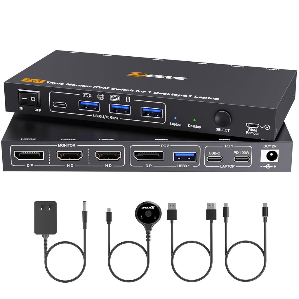 KCEVE Triple Monitor KVM Switch for 1 Laptop 1 Desktop, USB 3.1 KVM Switch 3 Monitors 2 Computer USB C HDMI DP Share 4 USB Device, 100W PD, 4K@60Hz, MST, Wired Remote(4K USB C DP HDMI 2 in 3 Out KVM)