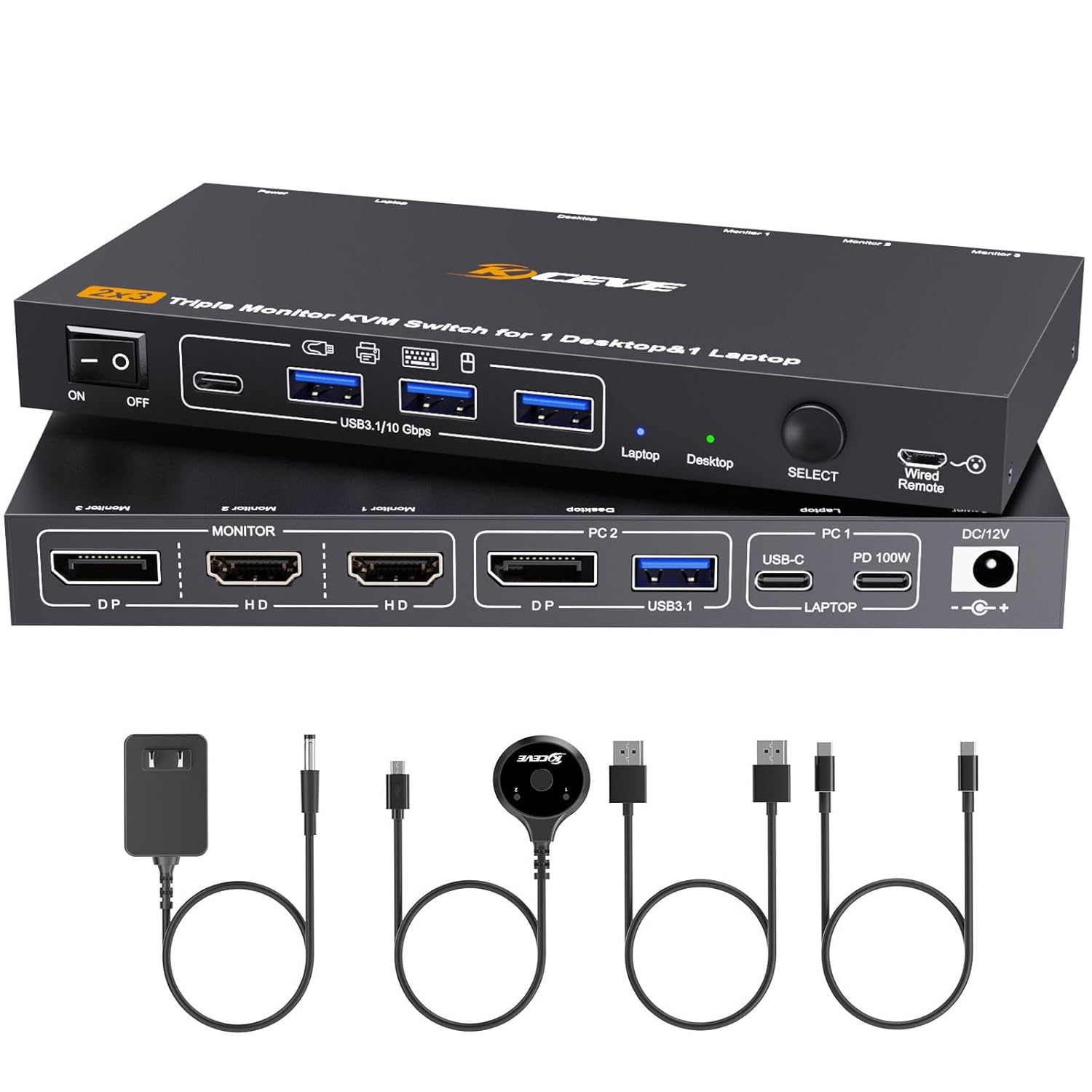 KCEVE Triple Monitor KVM Switch for 1 Laptop 1 Desktop, USB 3.1 KVM Switch 3 Monitors 2 Computer USB C HDMI DP Share 4 USB Device, 100W PD, 4K@60Hz, MST, Wired Remote(4K USB C DP HDMI 2 in 3 Out KVM)