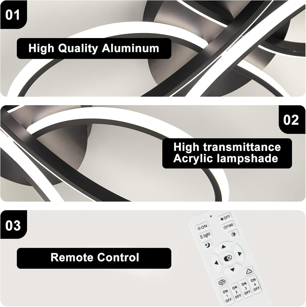 66W Modern LED Ceiling Light, 39.37Inch Flower Flush Mount Light Fixture with Remote Control Black Dimmable Ceiling Lamp for Living Room, Bedroom, Dining Room, Hallway, Kitchen