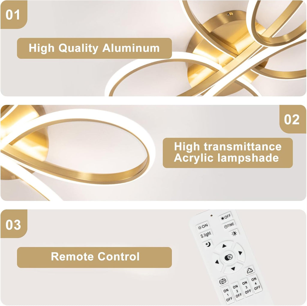20inch Modern LED Ceiling Light, 5 Rings Flower Black Dimmable Ceiling Lamp for Living Room, Bedroom, Dining Room, Kitchen (Gold,39.37Inch)