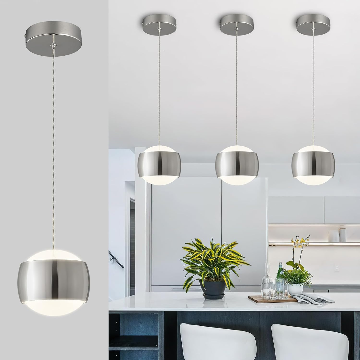 Modern Chrome LED Dimmable Pendant Light fixtures,6″ Island Pendant Lighting for Kitchen Island Dinning Room,Bedroom,Bar, Kitchen Island Ceiling Hanging Light Fixtures(Chrome-1-Pack)