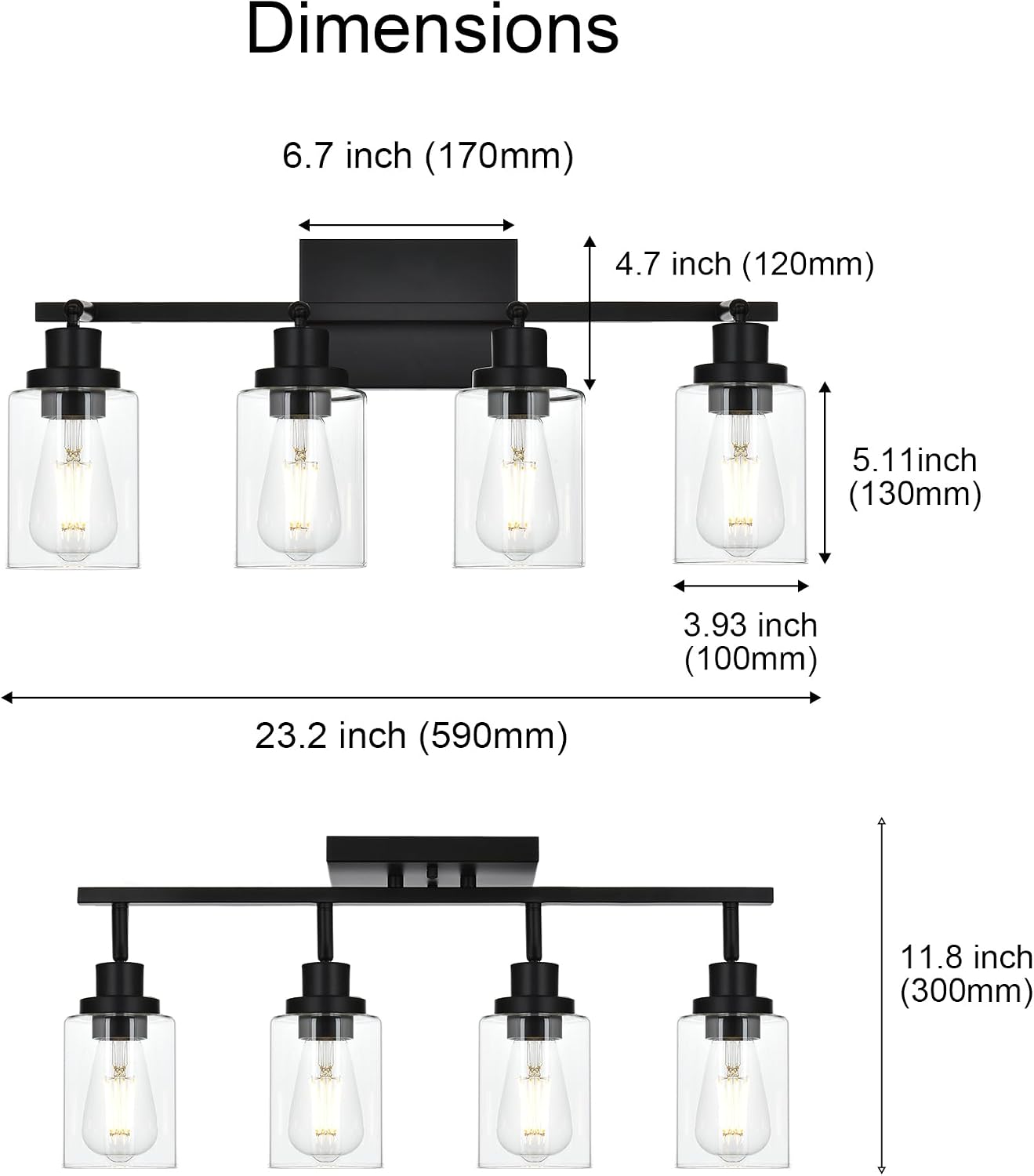 4-Light Track Lighting Kit Black Track Lighting Fixtures Bathroom Wall Sconces Ceiling Mount Kitchen Tracking Lights, Rotatable Spotlight with Clear Glass Shade for Kitchen Shop Hallway