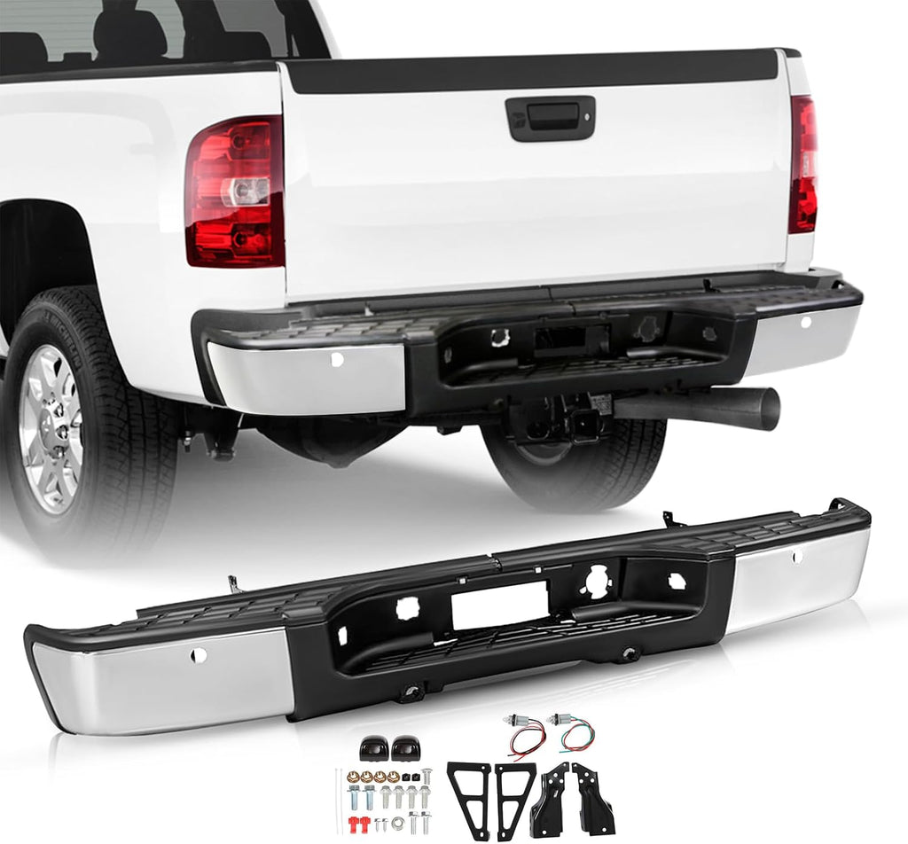 JSBOYAT Rear Step Bumper Fit for 2007-2013 Chevy Silverado 1500 / GMC Sierra 1500 Chrome Steel Bumper Assembly with Sensor Holes (Chrome) NOT Fit 2500 3500
