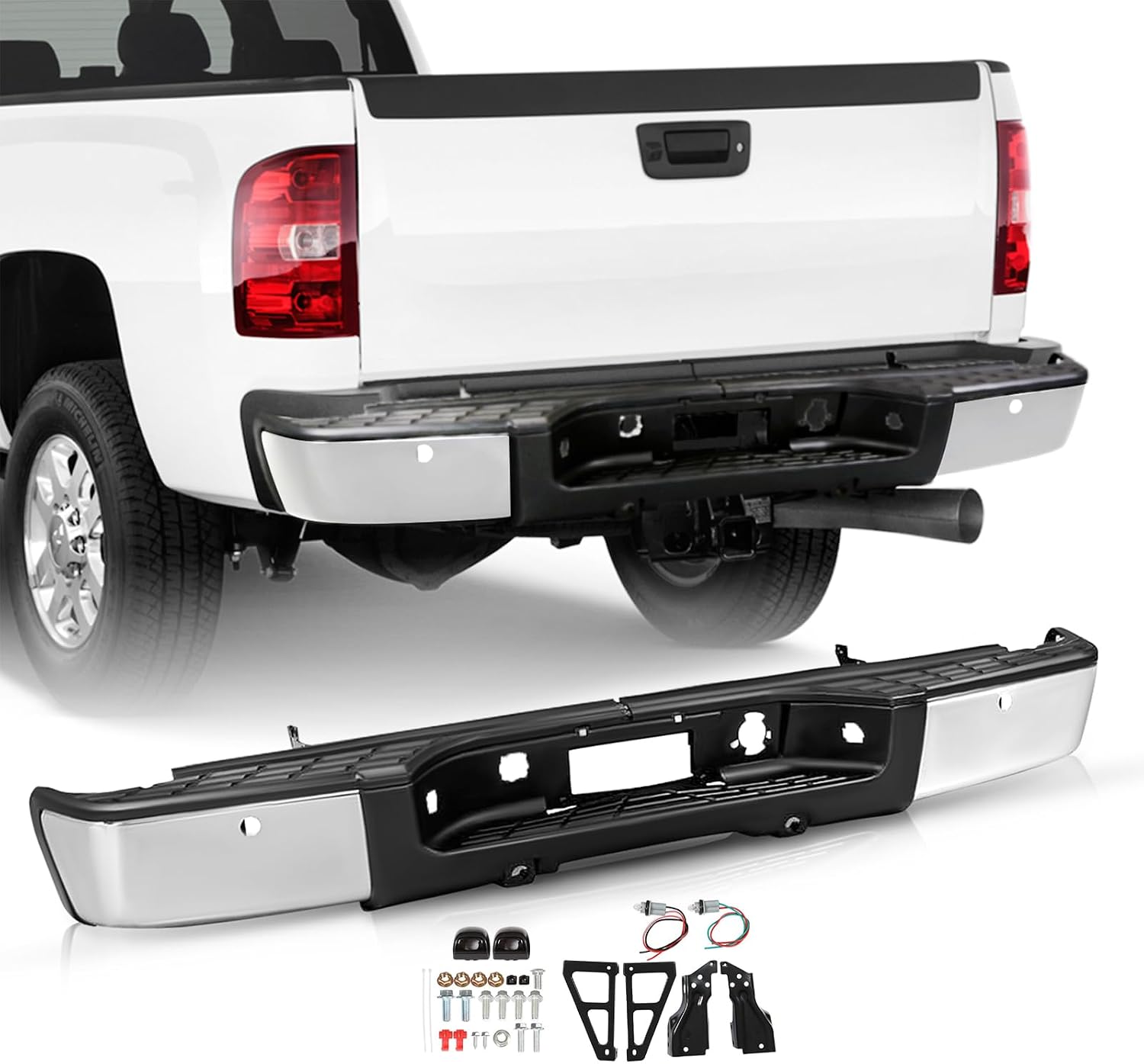 JSBOYAT Rear Step Bumper Fit for 2007-2013 Chevy Silverado 1500 / GMC Sierra 1500 Chrome Steel Bumper Assembly with Sensor Holes (Chrome) NOT Fit 2500 3500