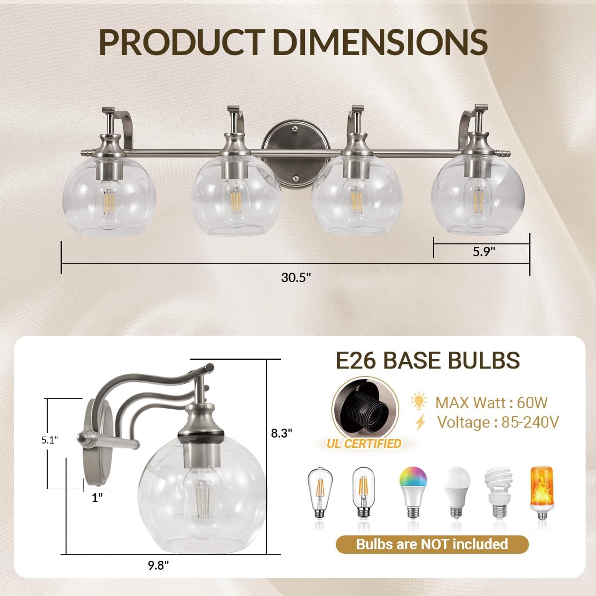 ANDY STAR Brushed Nickel Vanity Lights for Bathroom, 4 Light Vanity Light Brushed Nickel, Farmhouse Vanity Lighting Fixtures, 30.5 Inch Modern Silver Wall Sconce, E26 Base Bulbs Required, UL Certified