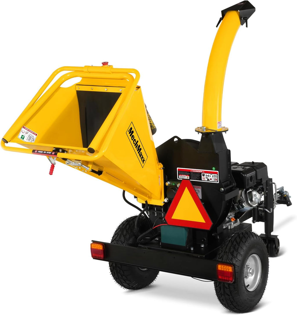 MechMaxx 5'' Inch E-Start 420cc 15hp Gas Powered Wood Chipper Shredder Mulcher with Tail Light, Towbar, Emergency Stop Button, Stop Bar, Model P4205 (Yellow)