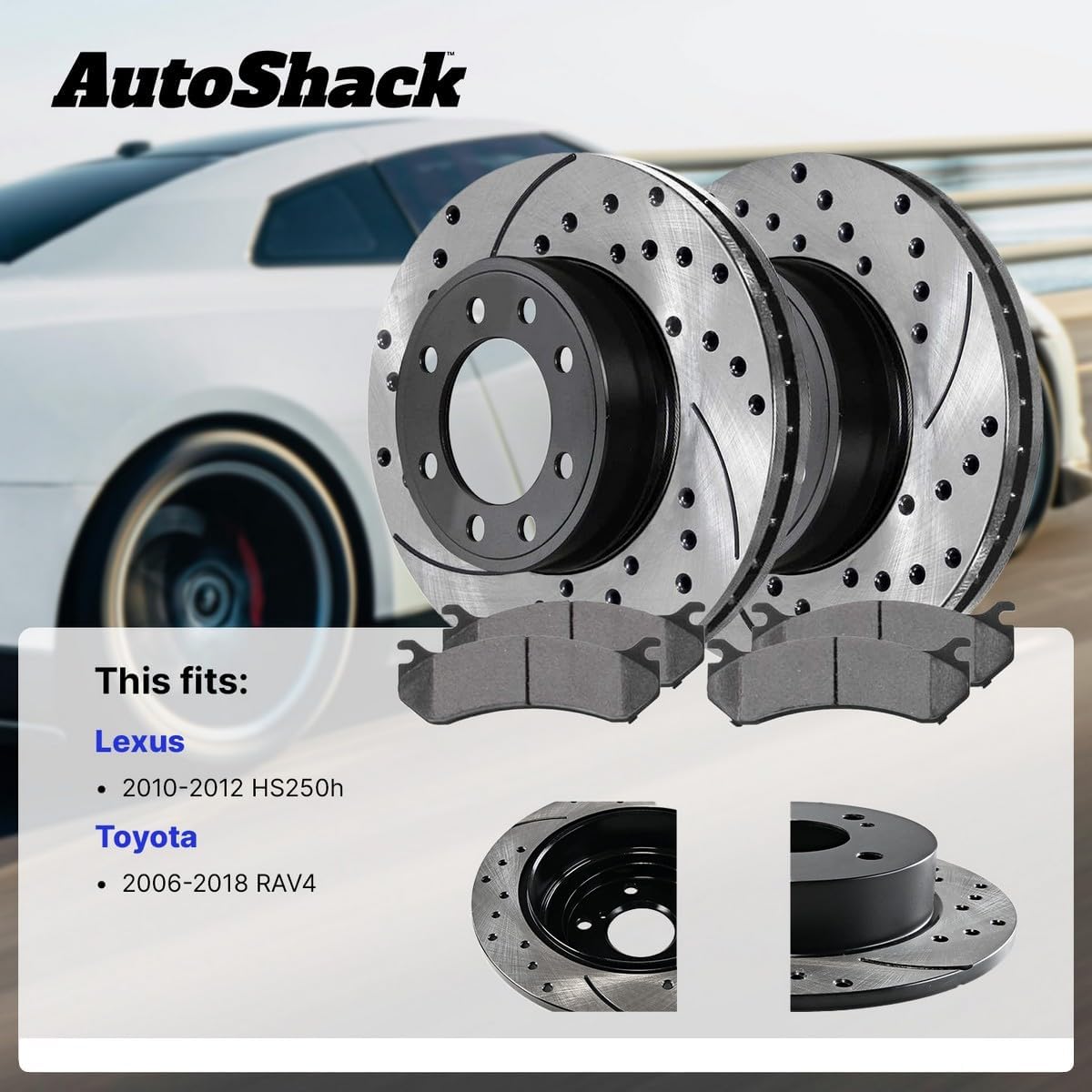 AutoShack Front & Rear Brake Rotors & Ceramic Pads for Toyota & Lexus, RAV4 2006-2008 HS250h 2010-2012, FWD 4WD L4 2.4L - E-Coated Drilled & Slotted - ShadowGuard