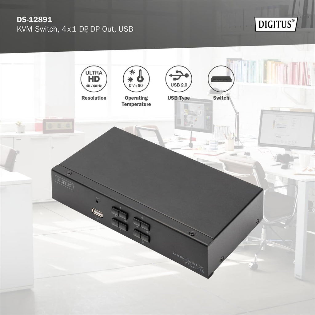 DIGITUS Displayport KVM Switch - 4-Port Single Display - 4 PC 1 Monitor - 1x Mouse, Keyboard & Audio for 4 Computers - UHD 4K@60Hz (4096 x 2160p) - Hot Key Switch - 1x USB 2.0 Hub - Black