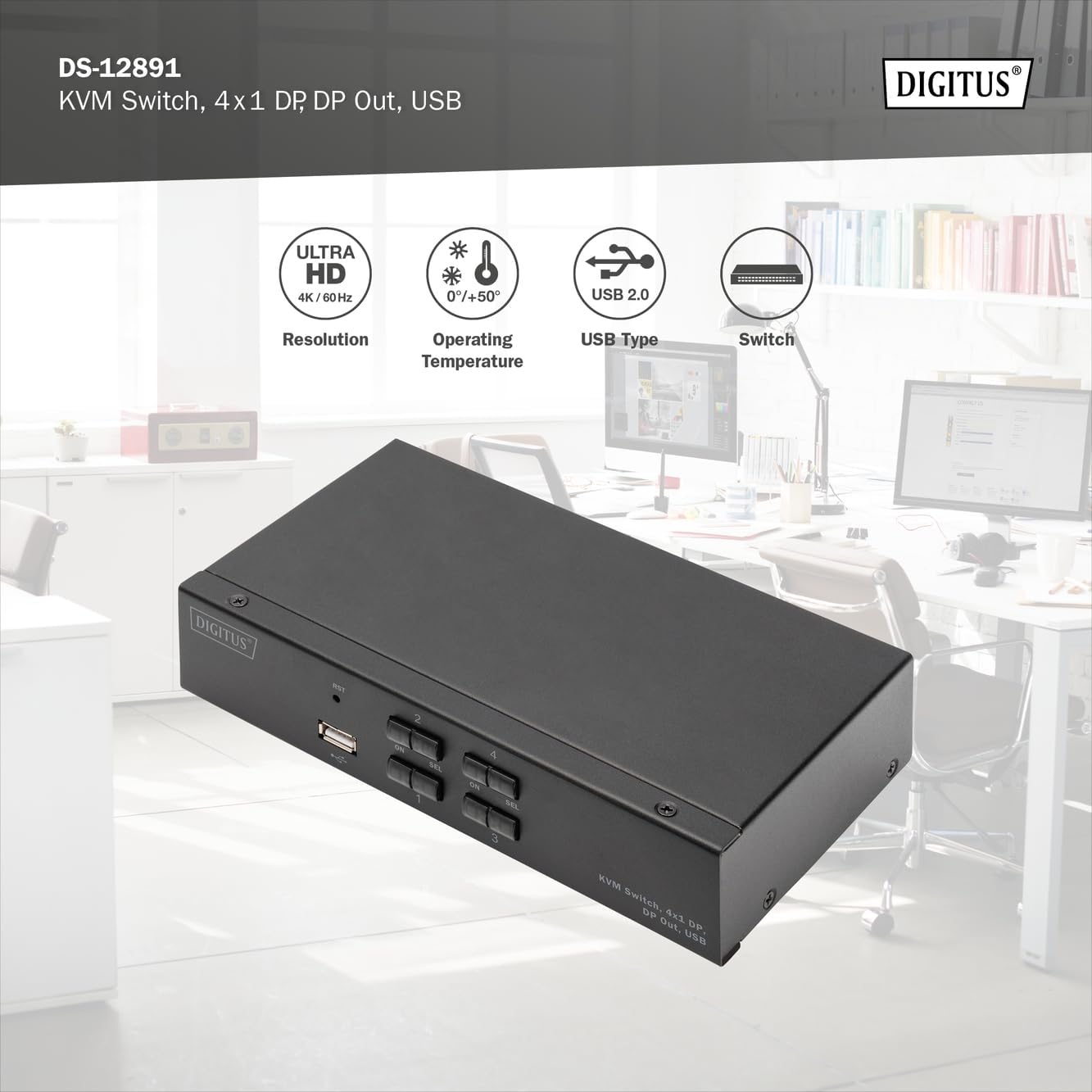 DIGITUS Displayport KVM Switch - 4-Port Single Display - 4 PC 1 Monitor - 1x Mouse, Keyboard & Audio for 4 Computers - UHD 4K@60Hz (4096 x 2160p) - Hot Key Switch - 1x USB 2.0 Hub - Black