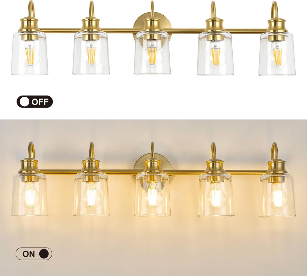 5 Lights Bathroom Light Fixtures Modern Gold Vanity Lights for Bathroom Lighting Fixtures Over Mirror with Clear Glass Shade for Cabinet Mirror Bedroom Hallway