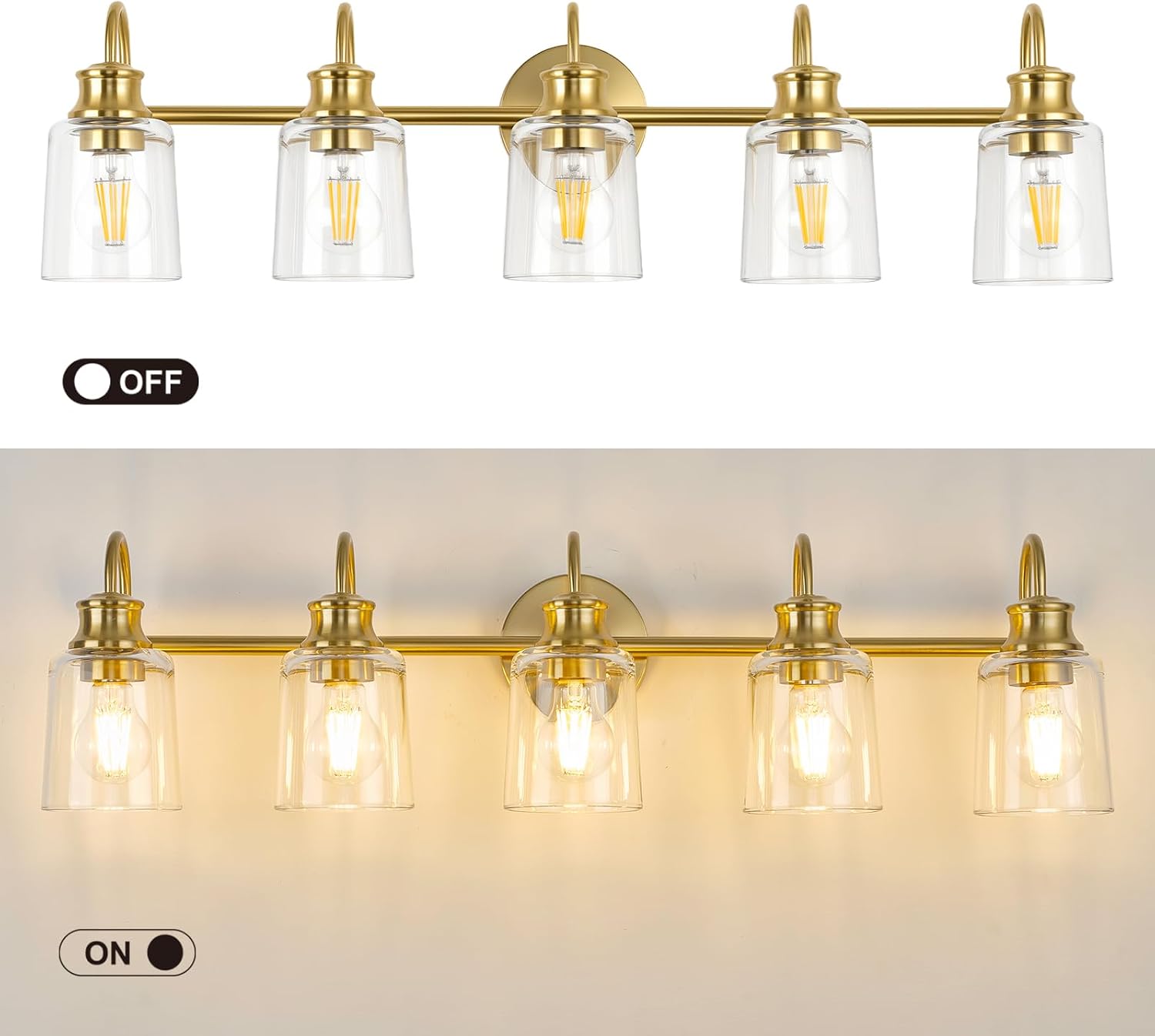 5 Lights Bathroom Light Fixtures Modern Gold Vanity Lights for Bathroom Lighting Fixtures Over Mirror with Clear Glass Shade for Cabinet Mirror Bedroom Hallway