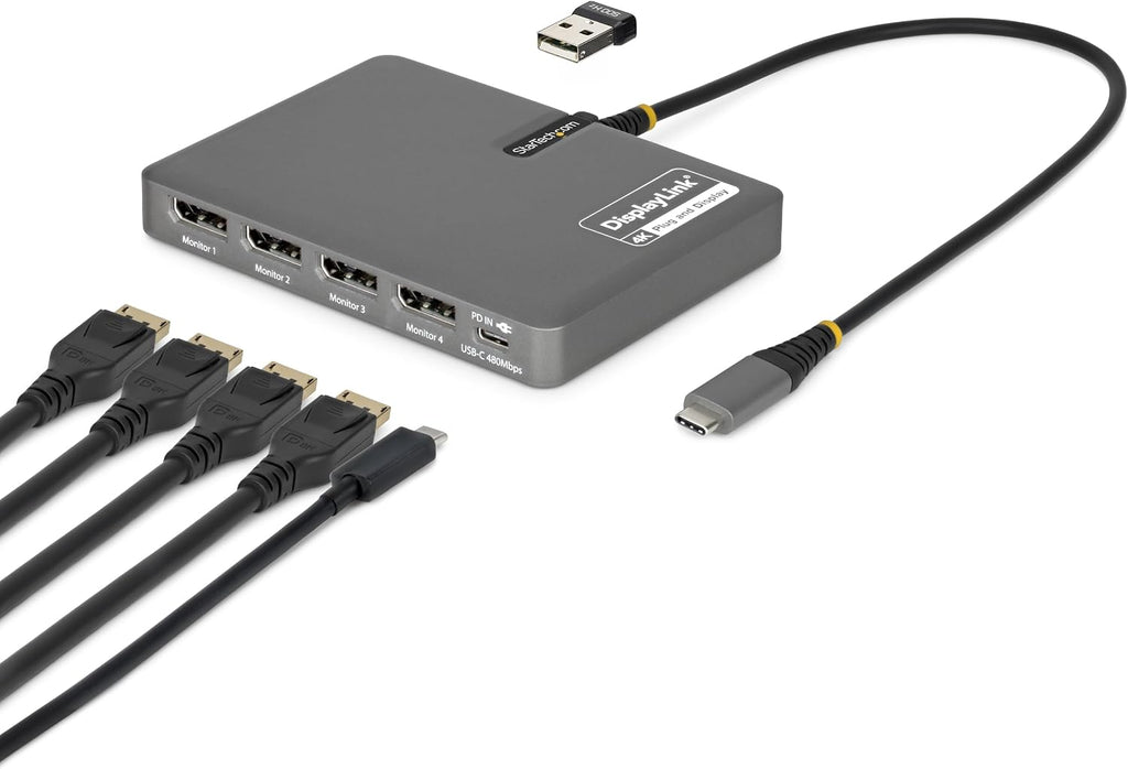 StarTech USB-C to Quad DisplayPort 4K60, 4K120 Workstation Dock, 140W PD Passthrough, USB for Keyboard and Mouse, Windows, Mac M1-M5, USB4, Thunderbolt, DisplayLink DL7400, TAA (Quad-USB-DP-Adapt)