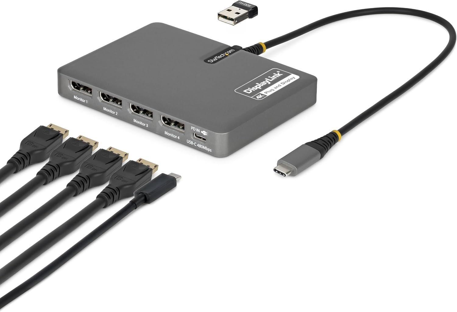 StarTech USB-C to Quad DisplayPort 4K60, 4K120 Workstation Dock, 140W PD Passthrough, USB for Keyboard and Mouse, Windows, Mac M1-M5, USB4, Thunderbolt, DisplayLink DL7400, TAA (Quad-USB-DP-Adapt)