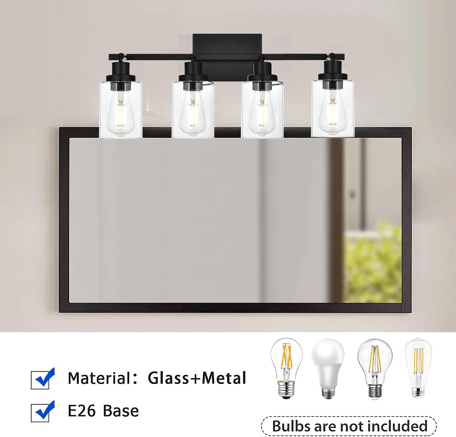 4-Light Track Lighting Kit Black Track Lighting Fixtures Bathroom Wall Sconces Ceiling Mount Kitchen Tracking Lights, Rotatable Spotlight with Clear Glass Shade for Kitchen Shop Hallway