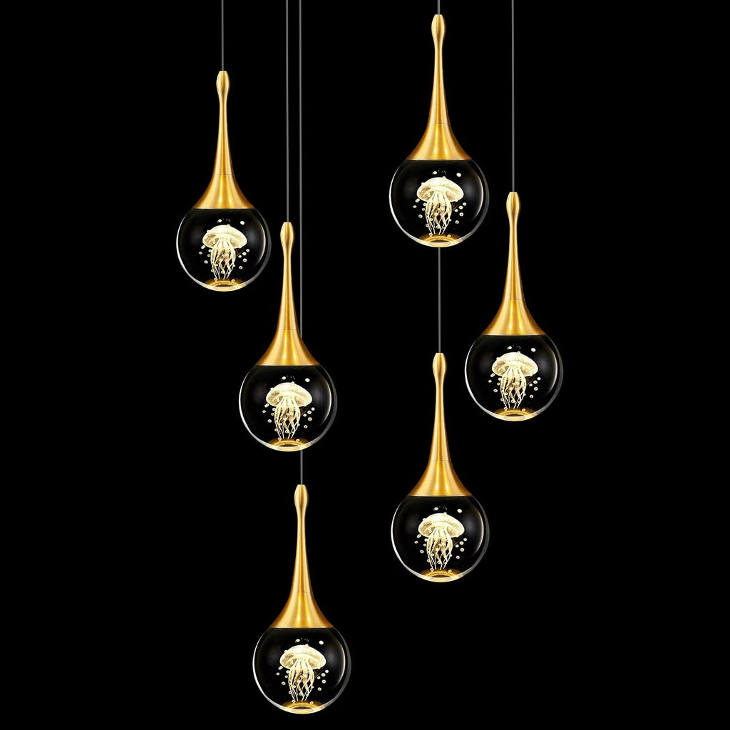 CHYING 6-Lights Pendant Lights Kitchen Island, Modern LED Dimmable Globe Crystal Jellyfish Teardrop Ceiling Pendant Chandelier for Dining Room Hallway Foyer Staircase, Gold Warm White