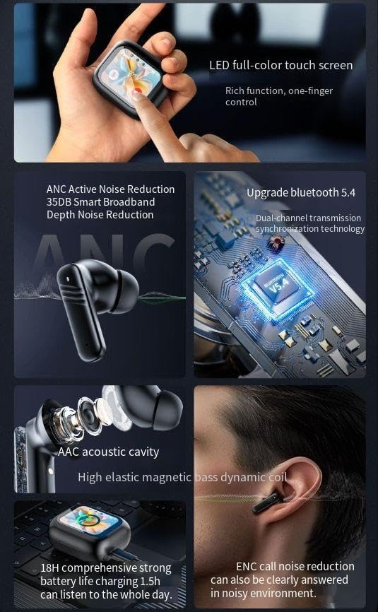 Bluetooth 5.4 Headphones Wireless Earbuds with LCD Full-Color Touch Screen 36Hrs Playback Ear Buds with ANC+ENC Noise Canceling Mic Over-Ear Stereo Bass Earphones for Sports/Workout/Running,White