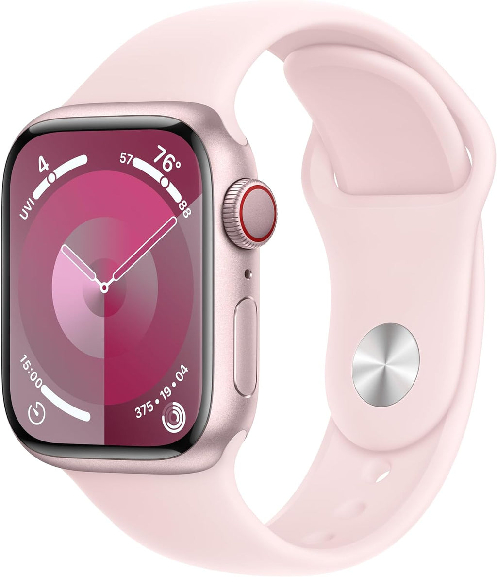 Apple Watch Series 9 [GPS + Cellular 41mm] Smartwatch with Pink Aluminum Case with Pink Sport Band S/M. Fitness Tracker, ECG Apps, Always-On Retina Display