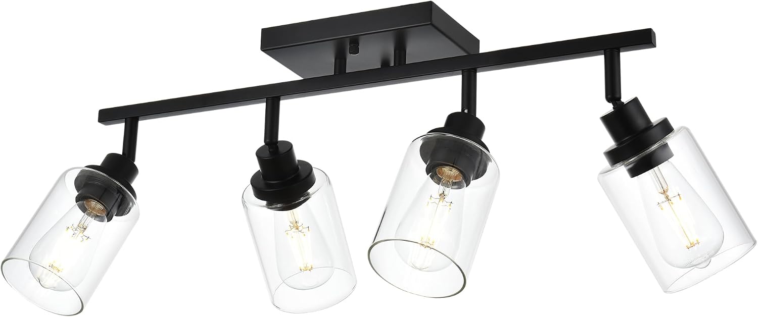 4-Light Track Lighting Kit Black Track Lighting Fixtures Bathroom Wall Sconces Ceiling Mount Kitchen Tracking Lights, Rotatable Spotlight with Clear Glass Shade for Kitchen Shop Hallway