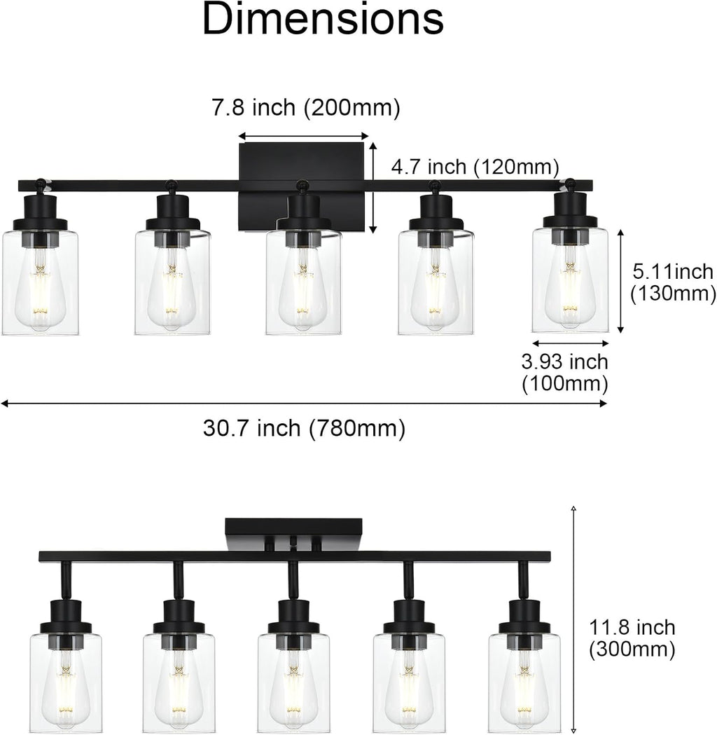 5-Light Track Lighting Kit Black Track Lighting Fixtures Bathroom Wall Sconces Ceiling Mount Kitchen Tracking Lights, Rotatable Spotlight with Clear Glass Shade for Kitchen Shop Hallway