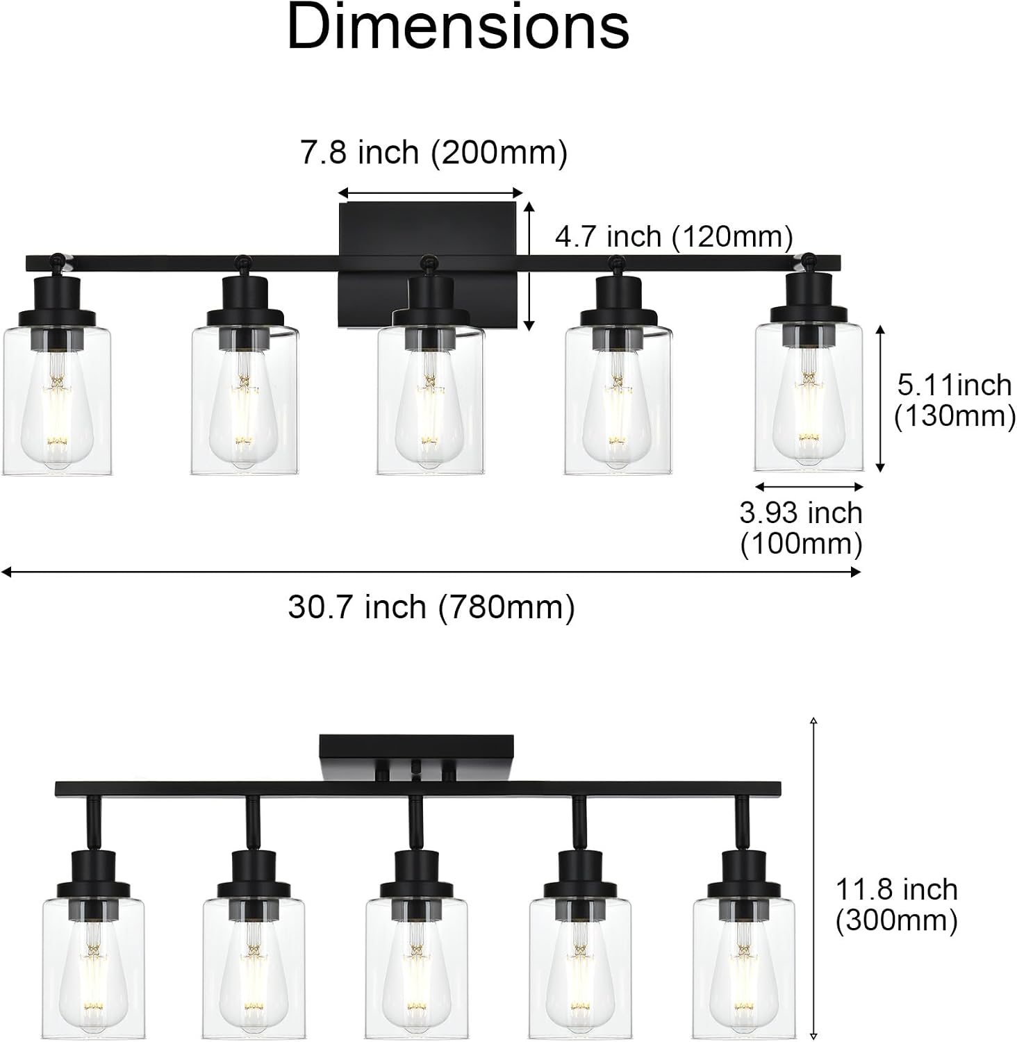 5-Light Track Lighting Kit Black Track Lighting Fixtures Bathroom Wall Sconces Ceiling Mount Kitchen Tracking Lights, Rotatable Spotlight with Clear Glass Shade for Kitchen Shop Hallway