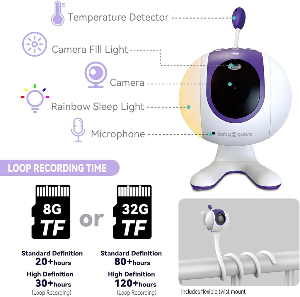 Baby Monitor Camera with Flexible Mount, 1080p 2.4GHz Wi-Fi, Requires Tuya Smart App, Color Night Vision, Sound/Motion Alerts, Temp Sensor, 2-Way Audio, Lullabies, Night Light, TF/Cloud Storage(32G)