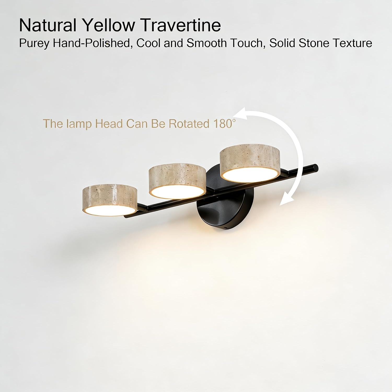 LED Mirror Light with 3 Travertine Stone Shades, Bathroom Vanity Light Fixture, 360° Rotatable Stone Lampshades, Modern Rustic Wall Lamp for Bedroom, Living Room, Hallway (Black-Metal)