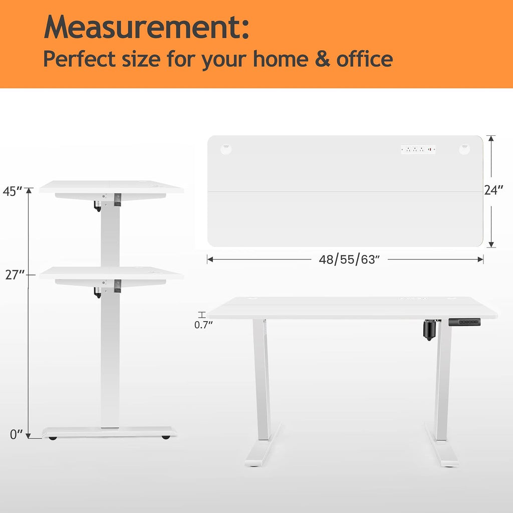 Electric Standing Desk with Wheels, 63'' x 24'' Standing Desk Adjustable Height with Charging Station, 2 USB Ports, 3 Power Outlets, 4 Caster, 27''-46'' Lifting Range Stand up Desk(White)