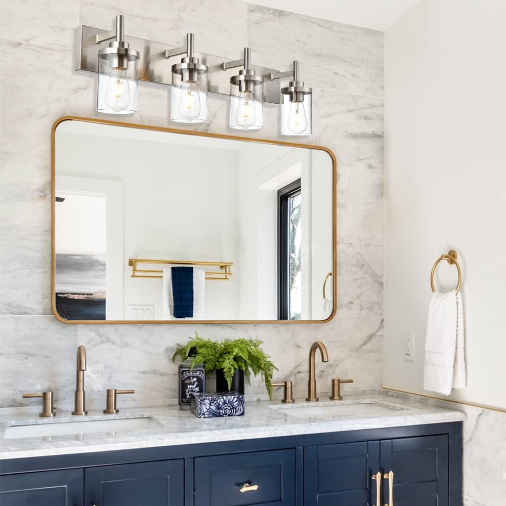 4 Lights Brushed Nickel Bathroom Vanity Light Over Mirror with Clear Glass Shades Industrial Wall Mounted Fixtures 18 inch Modern Wall Sconce Lighting for Farmhouse Living Room Bedroom Hallway