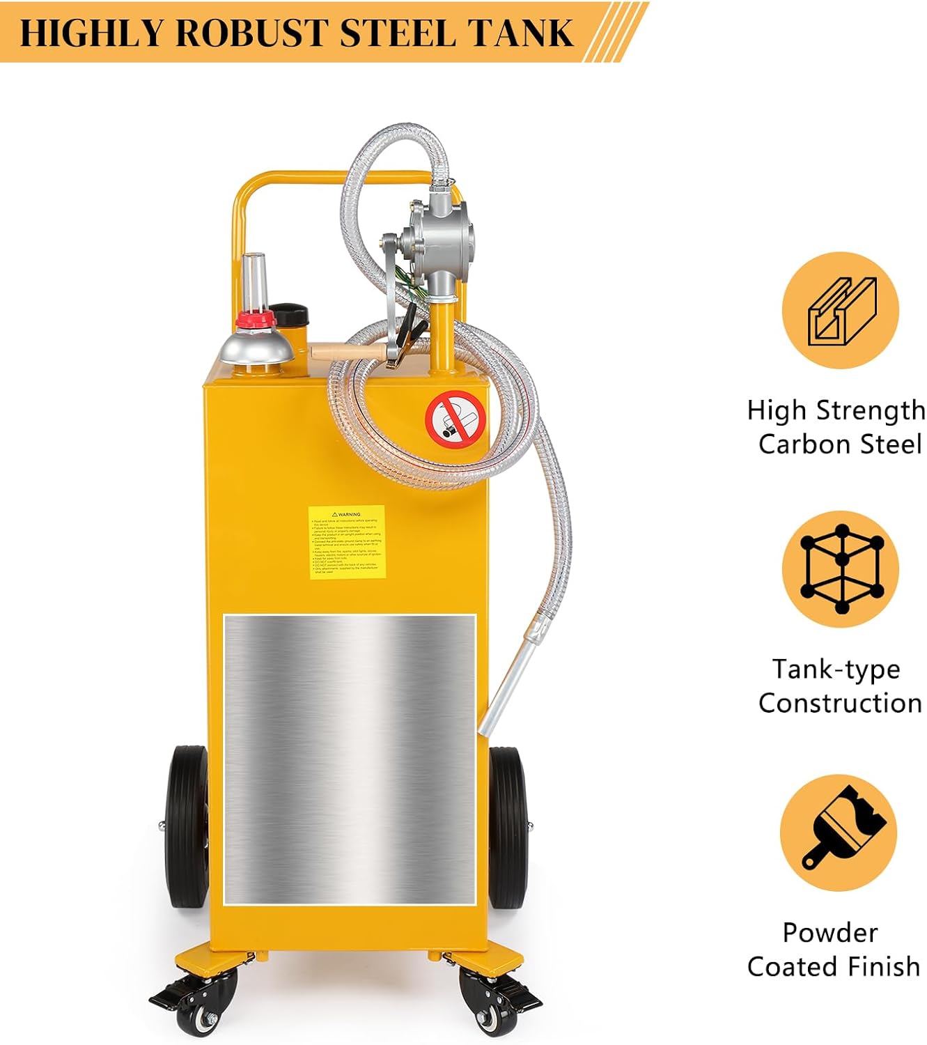 30-Gallon Oil Transfer Fluid Diesel Fuel Storage Tanks Gas Caddy Storage Diesel Kerosene Storage Containers with Rolling Flat-Free Solid Rubber Wheels for Boat, ATV, Car, Motorcycle Yellow