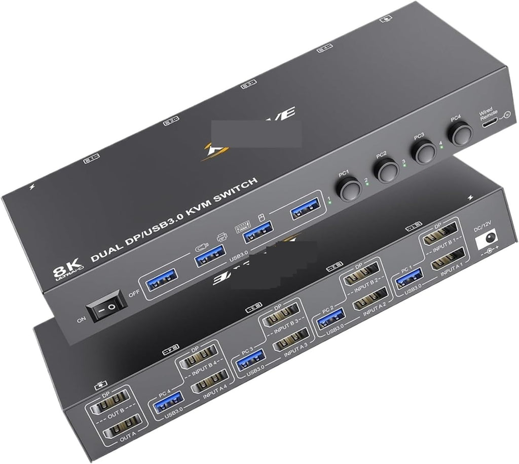 DisplayPort KVM Switch 4 USB 3.0 Ports 4K@144Hz 8K@30Hz for 2 Monitors Computers Sharing Keyboard Mouse Printer U-Disk DP