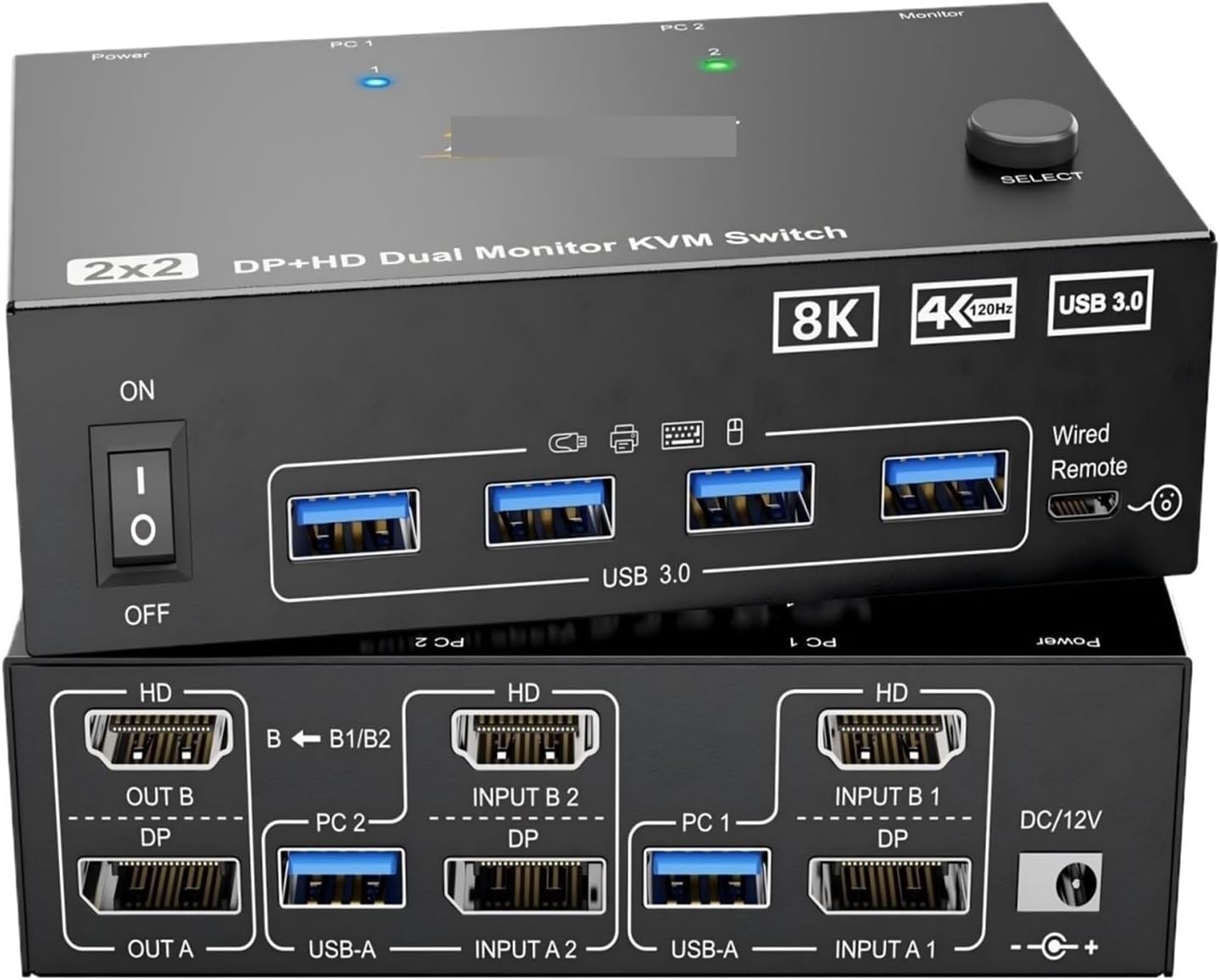 4K KVM Switch 2 Monitors 2/3 Computers 8K,HDMI + Displayport Dual Monitor KVM Switch with 4 USB 3.0 Port(EU,3 Computers in)