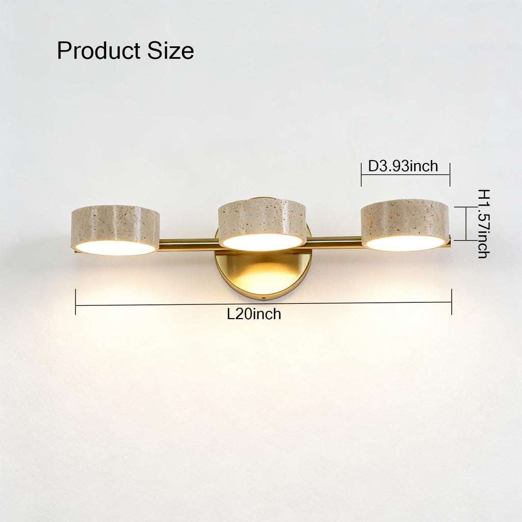 LED Mirror Light with 3 Travertine Stone Shades, Bathroom Vanity Wall Sconce, 360° Rotatable Stone Lampshades, Modern Rustic Wall Lamp for Bedroom, Living Room, Hallway (Gold-Metal)