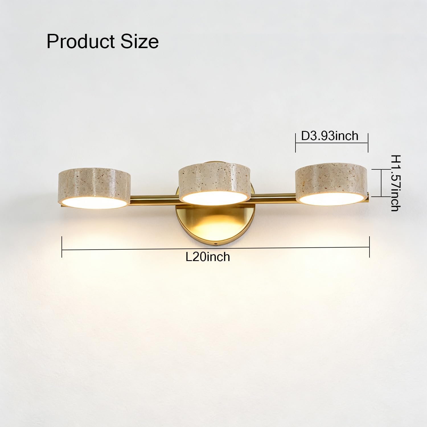 LED Mirror Light with 3 Travertine Stone Shades, Bathroom Vanity Wall Sconce, 360° Rotatable Stone Lampshades, Modern Rustic Wall Lamp for Bedroom, Living Room, Hallway (Gold-Metal)