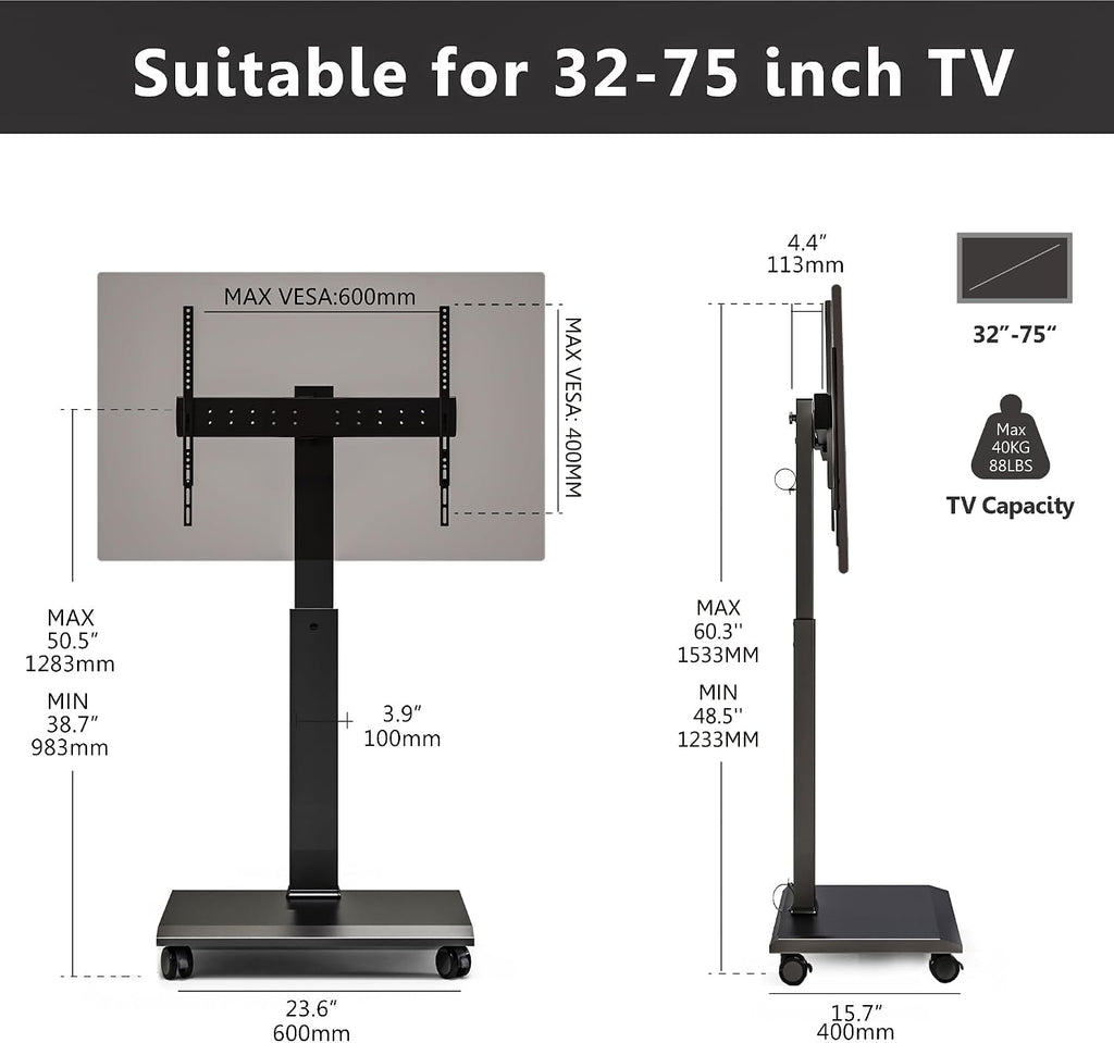 FITUEYES Rolling TV Stand - Portable Mobile TV Cart on Wheels for 32 to 65 70 75 Inch TVs, Landscape to Portrait Rotating and 40°Swivel, Height Adjustable TV Cart Rolling TV Stand Hold Up to 88 Lbs