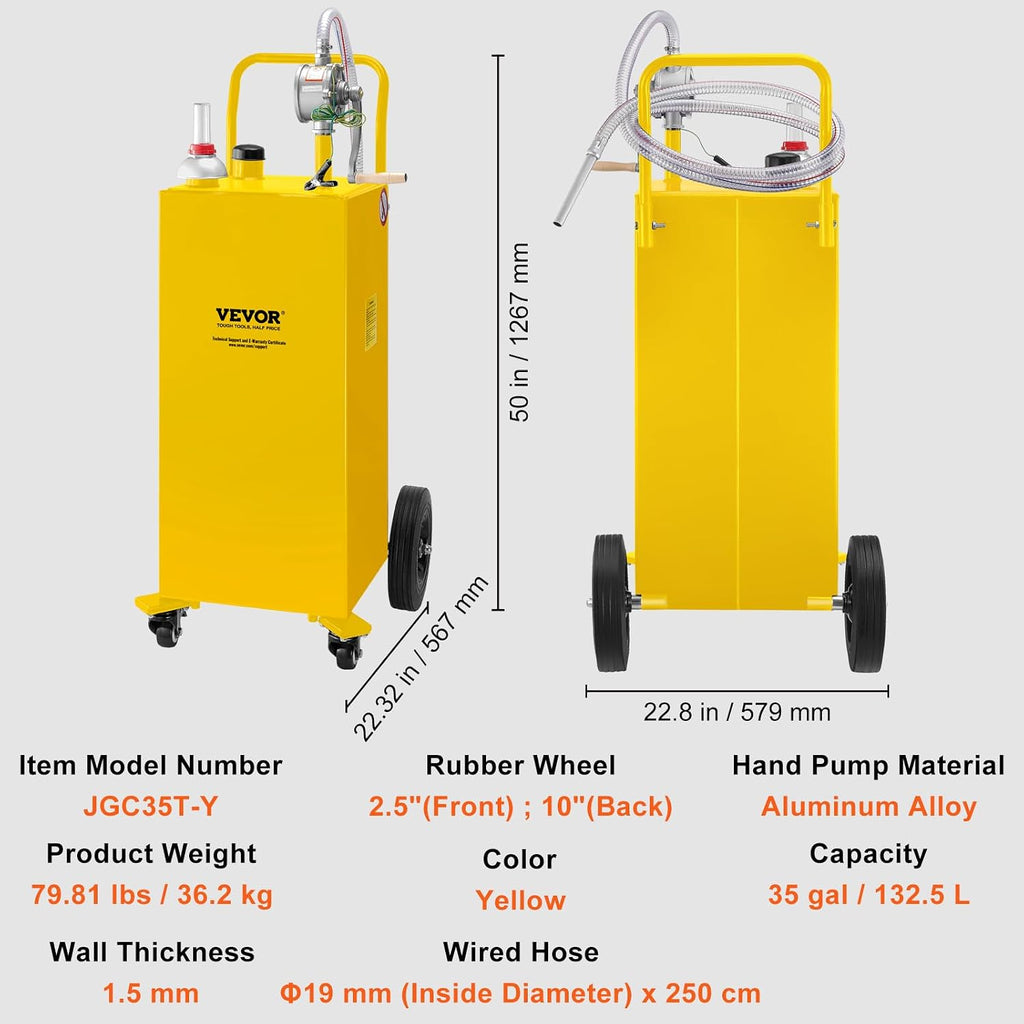 VEVOR Fuel Caddy, 35 Gallon, Gas Storage Tank on 4 Wheels, with Manual Transfer Pump, Gasoline Diesel Fuel Container for Cars, Lawn Mowers, ATVs, Boats, More, Yellow