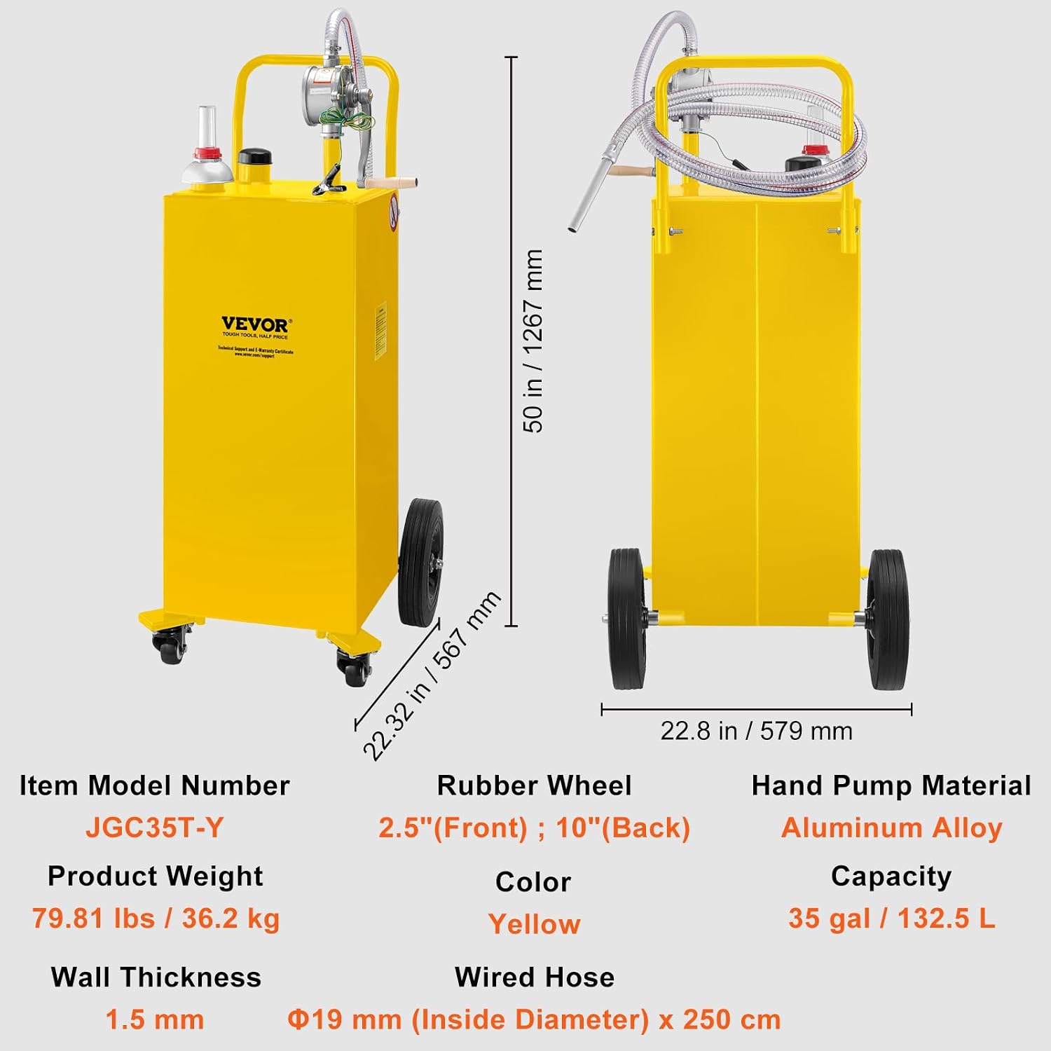 VEVOR Fuel Caddy, 35 Gallon, Gas Storage Tank on 4 Wheels, with Manual Transfer Pump, Gasoline Diesel Fuel Container for Cars, Lawn Mowers, ATVs, Boats, More, Yellow