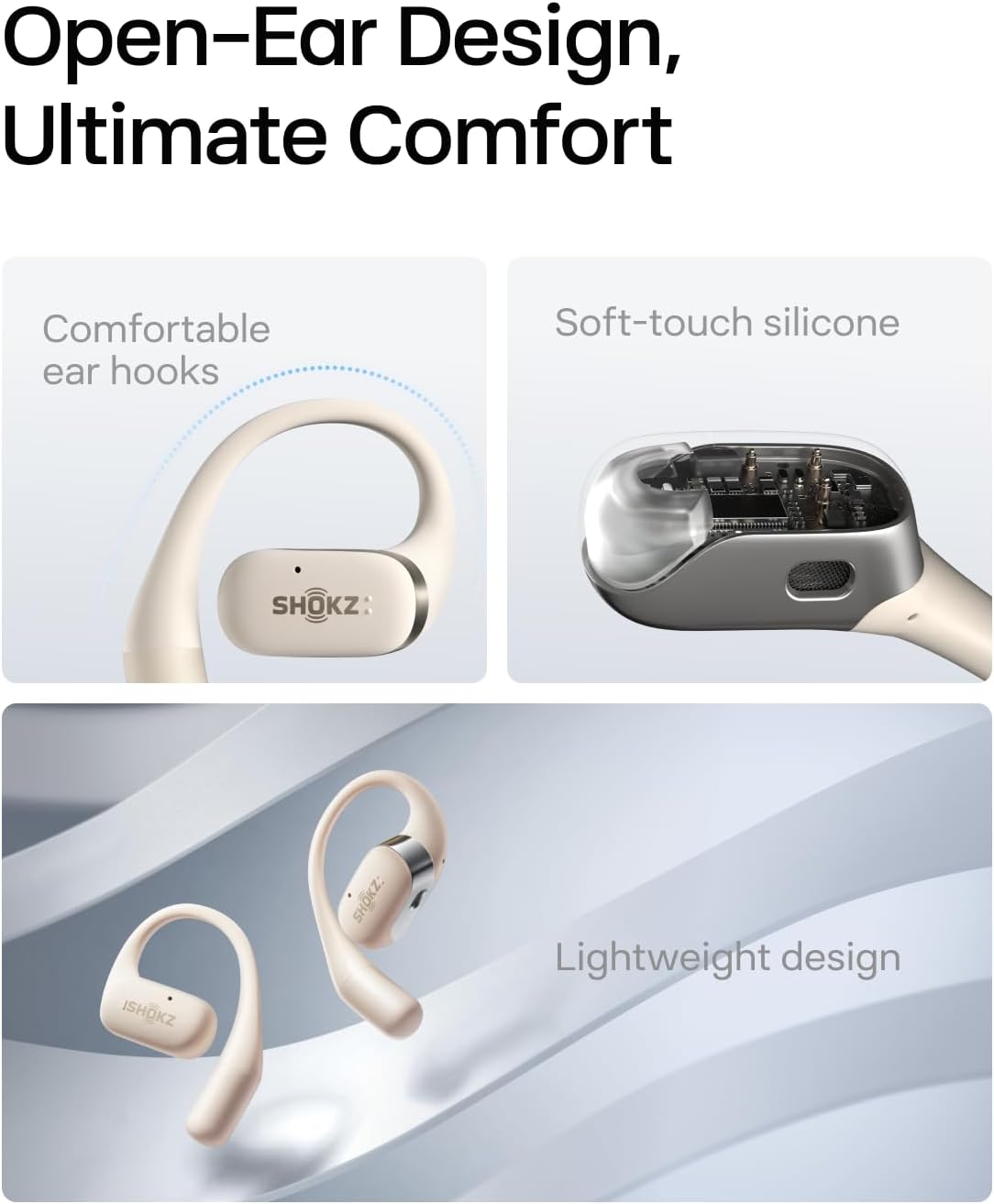 SHOKZ OpenFit-Open-Ear True Wireless Bluetooth Headphones with Microphone,Earbuds with Earhooks,Sweat Resistant,Fast Charging,28HRS Playtime,Compatible with iPhone&Android,Beige,Bluetooth5.2