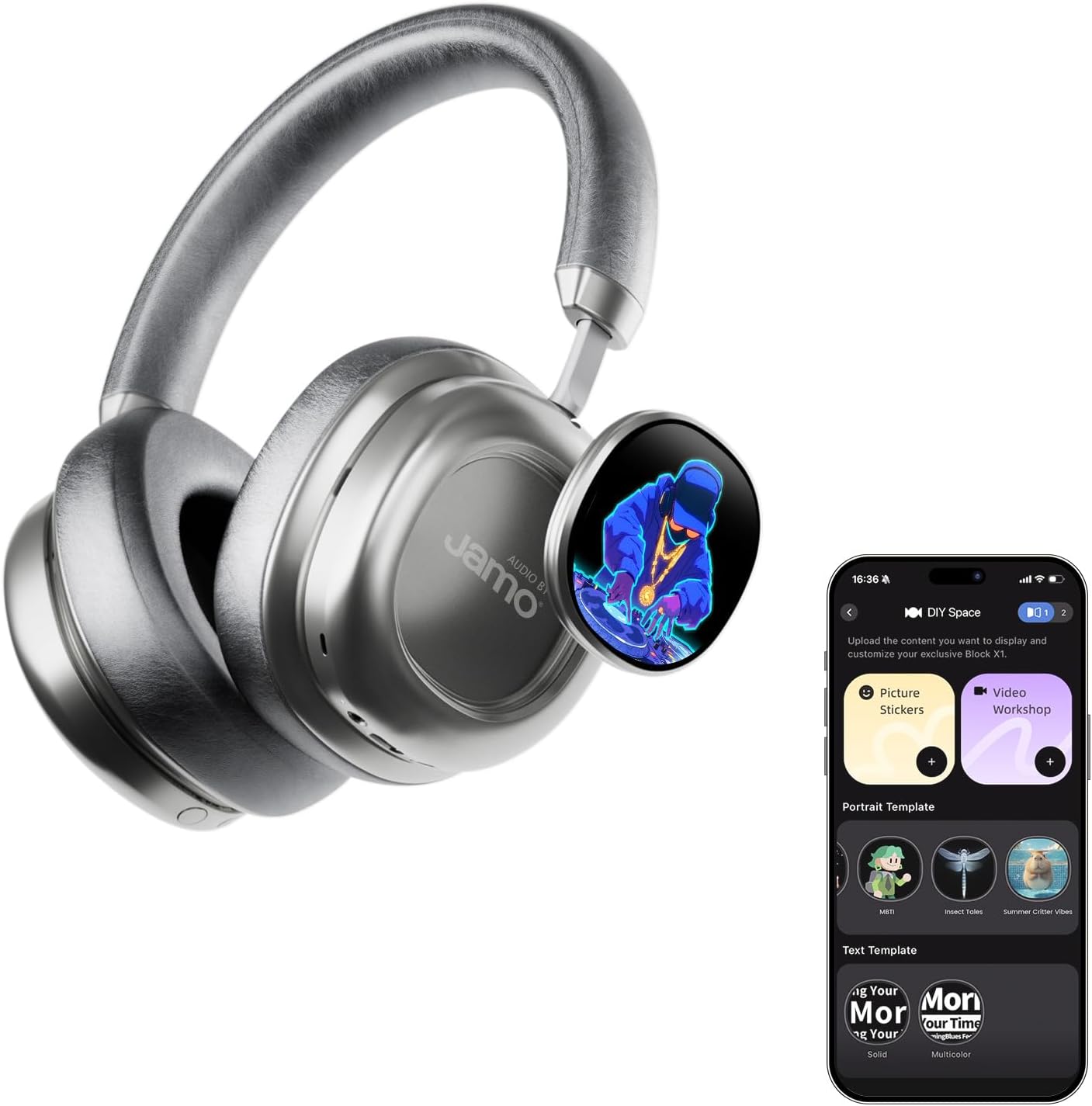 VWS X1 Wireless Over Ear Bluetooth Headphones, Noise Cancelling Headphones with 40mm Jamo Drivers, Dual OLED Touchscreen, APP Control, 60H Playtime, Silver