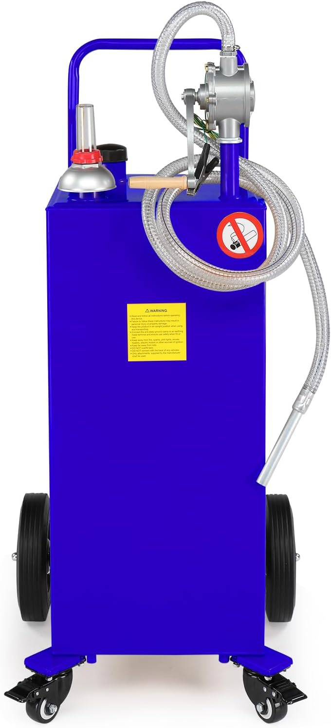 30 Gallon Portable Gas Caddy, Fuel Transfer Tank Gasoline Diesel Storage Can with Rotary Hand Pump and 4 Wheels for Automobiles ATV Car Mowers Tractors (Blue)