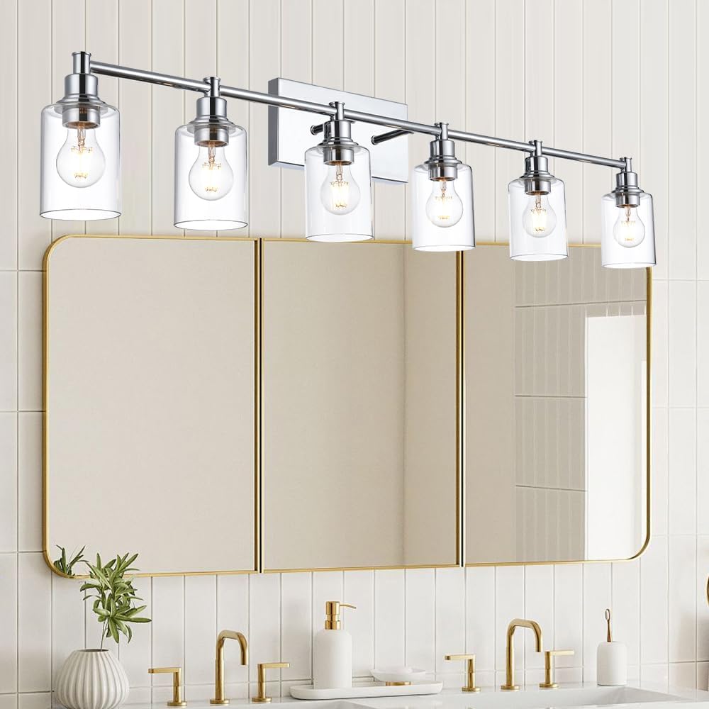 Bathroom Vanity Light Fixtures, 6-Light Vanity Lights for Bathroom Bedroom Chrome Finish Wall Mount Lights with Cylindrical Clear Glass Shade