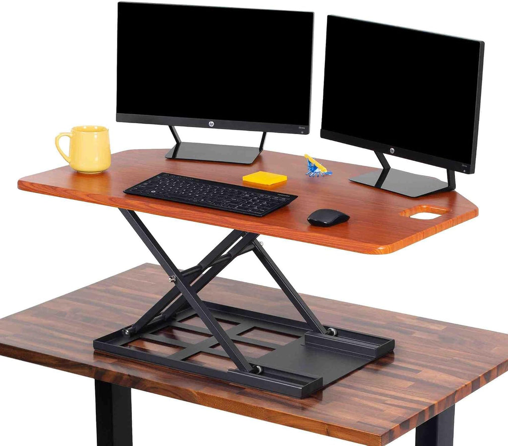 X-Elite Pro 40' Corner Standing Desk Converter with Pneumatic Lift | Adjustable Sit to Stand Riser, L-Shaped Desks & Cubicles | Fully Assembled Computer Workstation (Cherry)