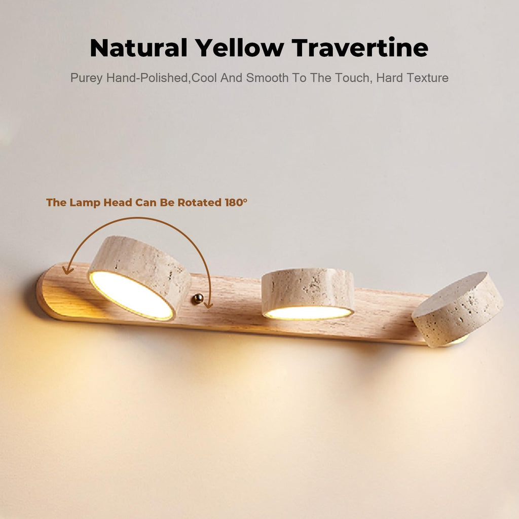 LED Natural Wood Vanity Light with 3 Travertine Stone Shades, Bathroom Vanity Light Fixture, 360° Rotatable Stone Lampshades, Modern Rustic Wall Lamp for Bedroom, Living Room, Hallway (Natural Wood)