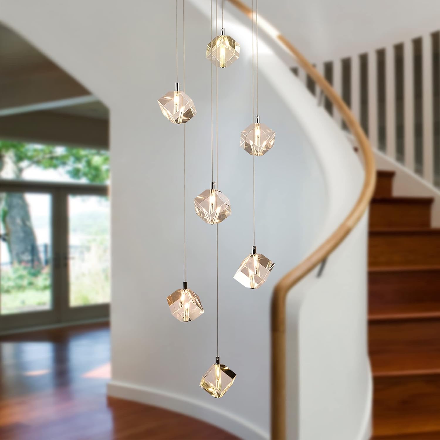 Cube Crystal Pendant Light, Cut Crystal Drops Hanging Ceiling Chandelier, Modern Raindrop Pendants Chrome Light Fixture for Kitchen Island Dining Room, 21W