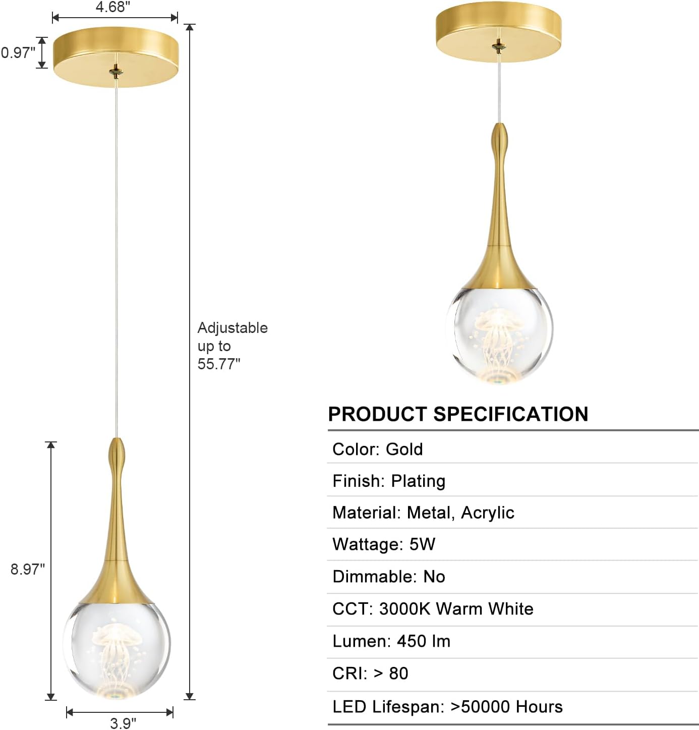 CHYING LED Kitchen Island Pendant Lights 3 Pack Gold Teardrop Pendant Light Bathroom Ceiling Hanging Light Globe Jellyfish Pendant Lighting for Living Room Dining Room Bar 3000K Warm White