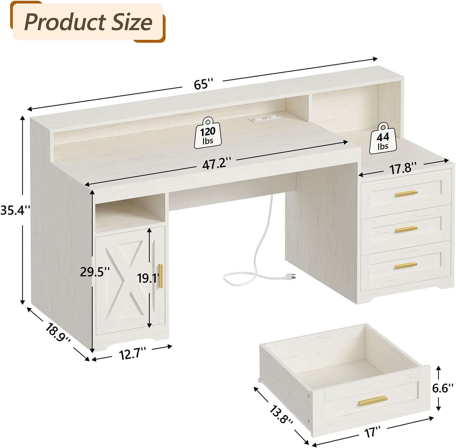 TVU Farmhouse Computer Desk with Drawers, 65'' Home Office Desk with Power Outlets, Storage Cabinet and Printer Stand, Study Writing Desks with Long Monitor Stand, White