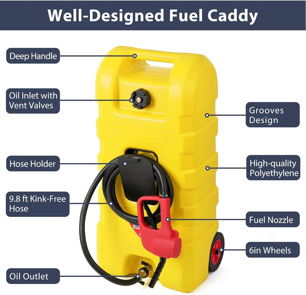 15 Gallon Fuel Caddy – Portable Diesel & Gasoline Tank with Manual Siphon Pump, 10ft Delivery Hose & Wheels for Cars, Boats, ATVs & Lawn Mowers - Yellow