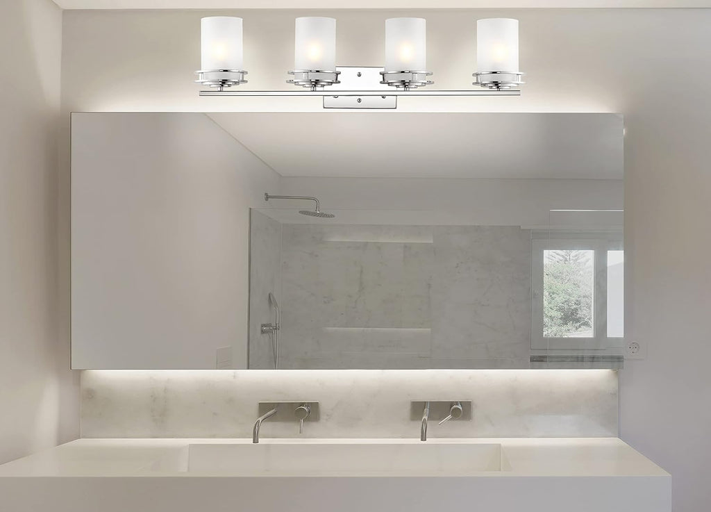 JONATHAN Y 32' Chrome Modern LED Vanity Light, 4-Light Art Deco Wall Sconce Fixture for Bathroom Mirror, with Frosted White Glass Shade, Dimmable, LED Bulb Included (JYL7487A)