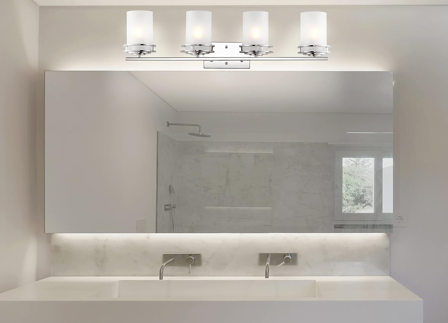 JONATHAN Y 32' Chrome Modern LED Vanity Light, 4-Light Art Deco Wall Sconce Fixture for Bathroom Mirror, with Frosted White Glass Shade, Dimmable, LED Bulb Included (JYL7487A)