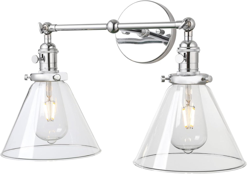 PERMO Double Sconce Chrome Industrial 2-Lights Wall Sconces with Funnel Flared Glass Clear Glass Shade Vanity Light for Bedroom (Chrome)